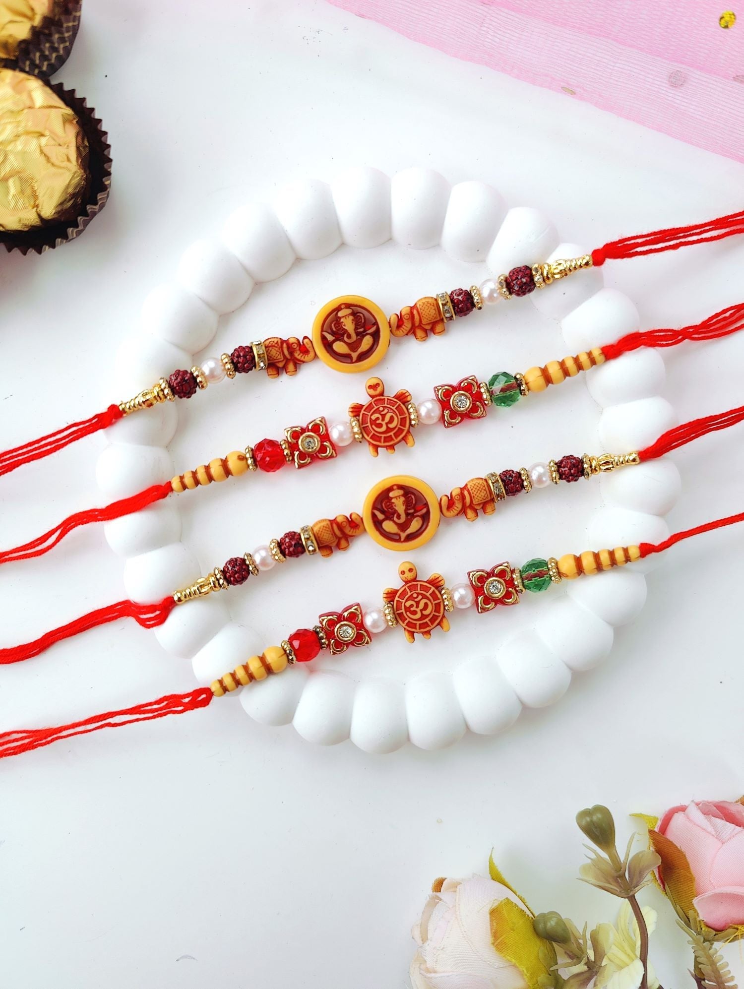 green handmade Ganesh rakhi set of 4, best beads rakhi for brother