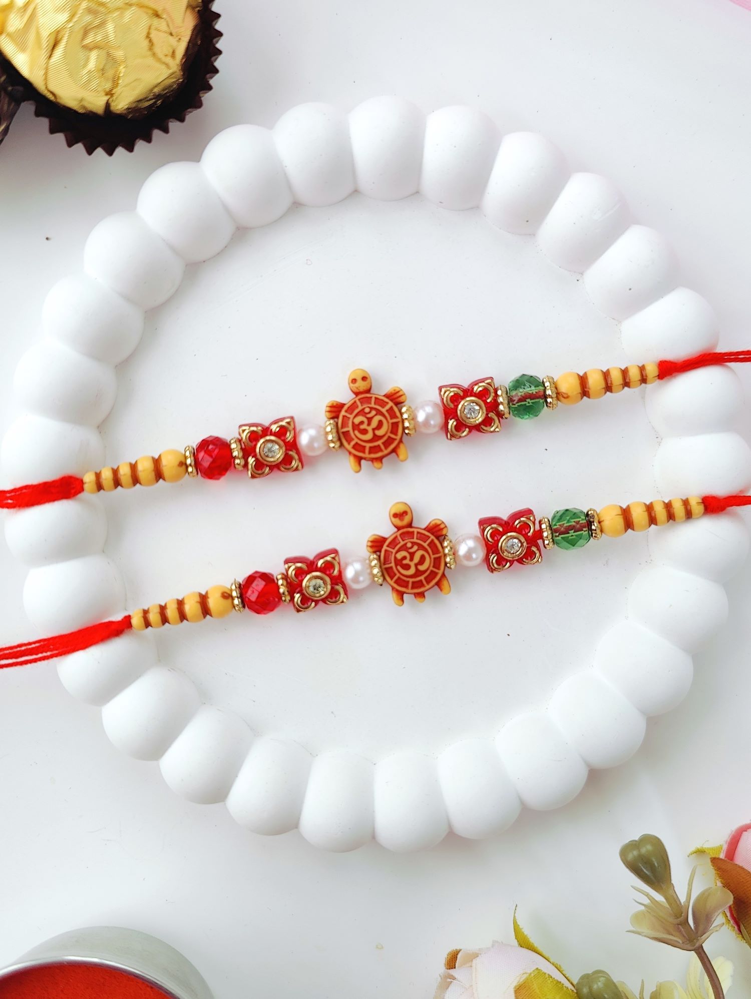 green handmade Ganesh rakhi set of 4, best beads rakhi for brother