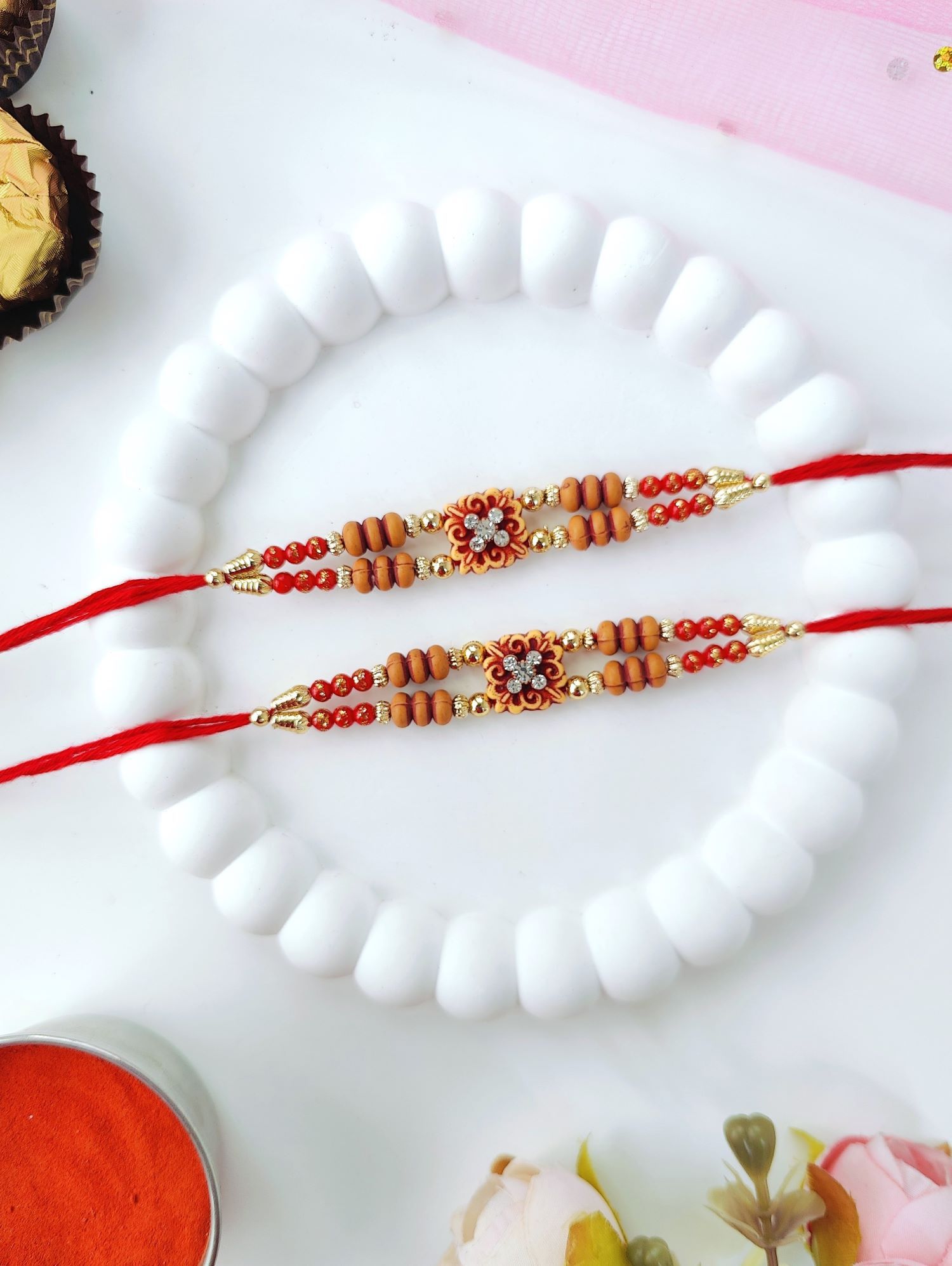 handmade flower shape stone rakhi set of 2, best rakhi for brother 2026