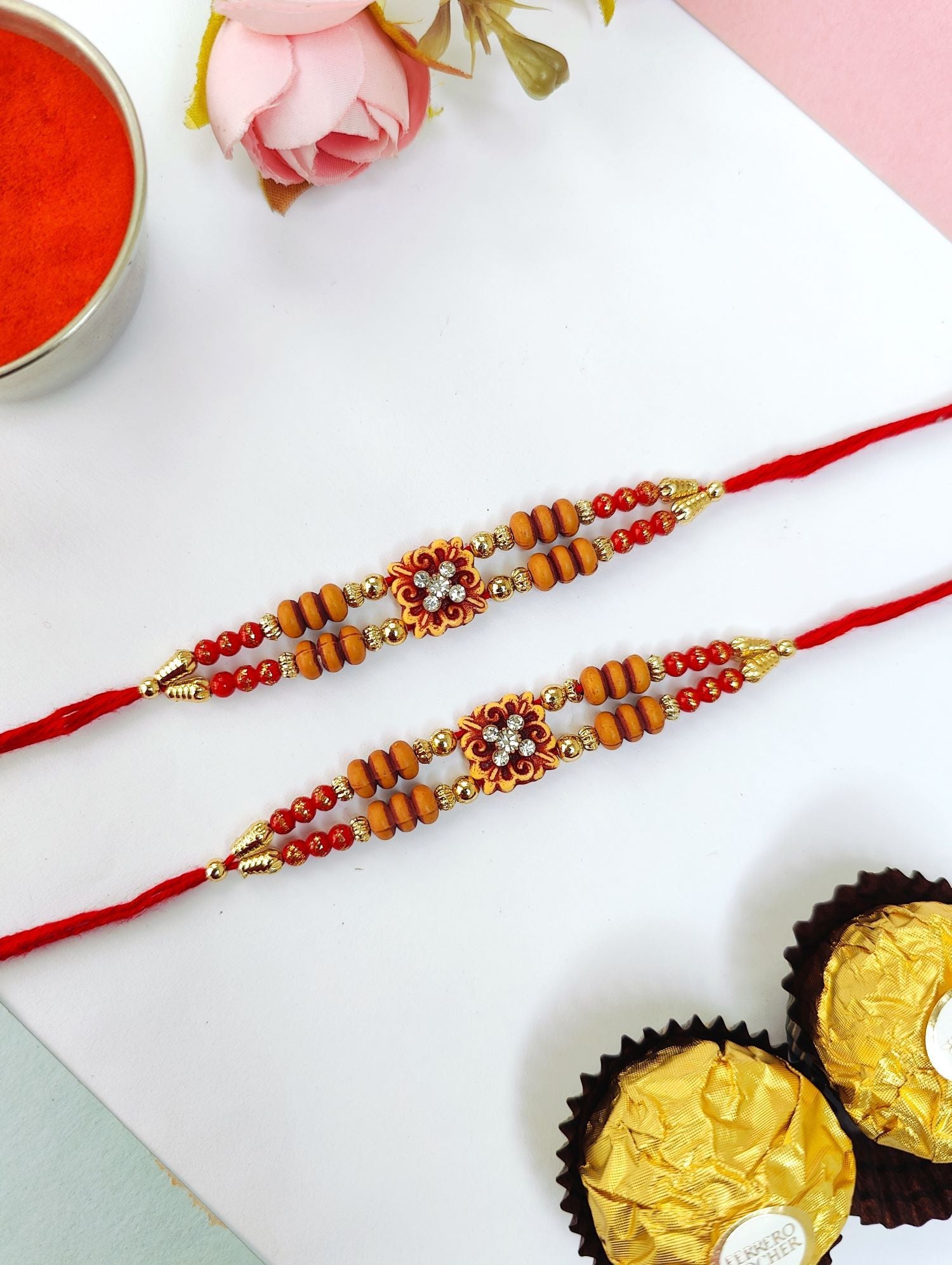 handmade flower shape stone rakhi set of 2, best rakhi for brother 2026