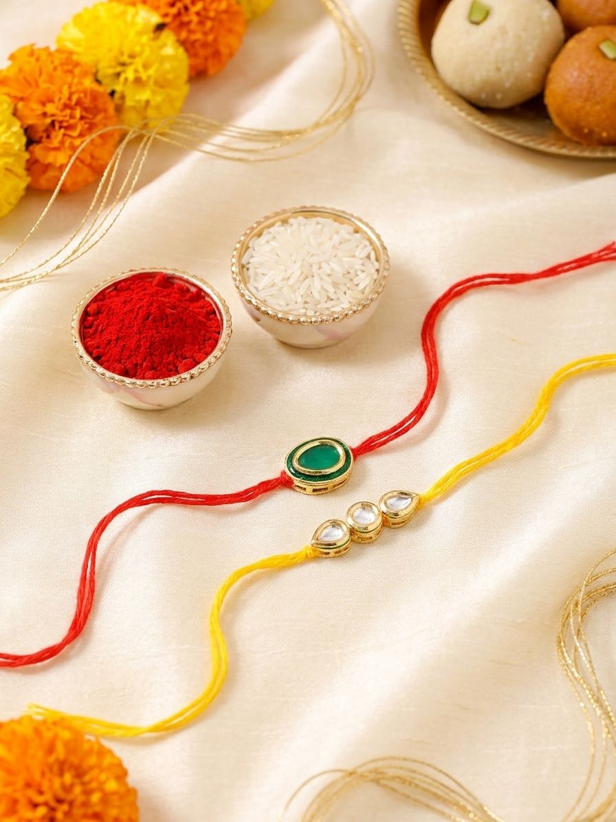 Golden Touch: Kundan Rakhi Duo Set for Bhaiya & Bhabhi