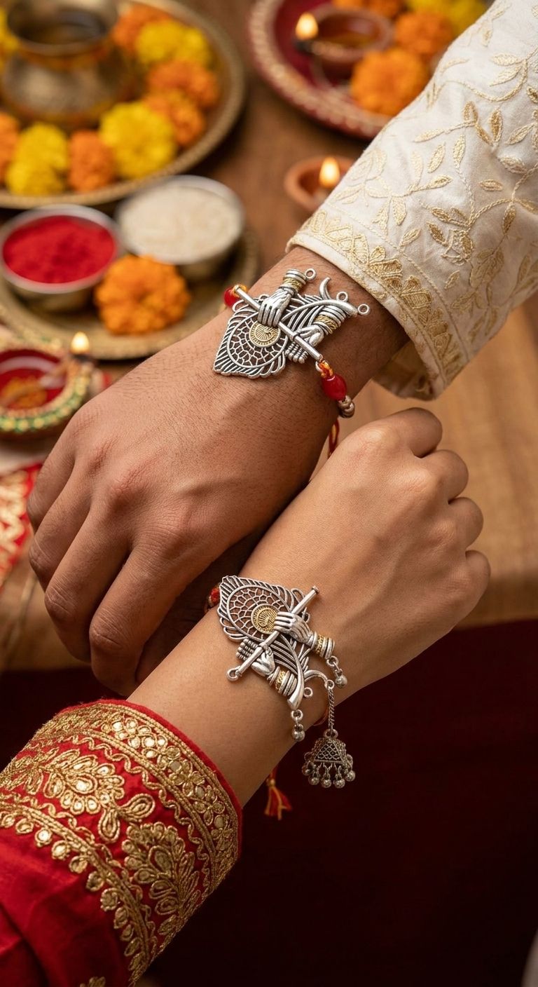 Handmade Oxidised Silver Bhaiya Bhabhi Rakhi Set 2026