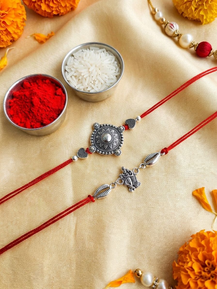 Oxidised Silver Krishna Feather Rakhi Set for Brother & Bhabhi 2026