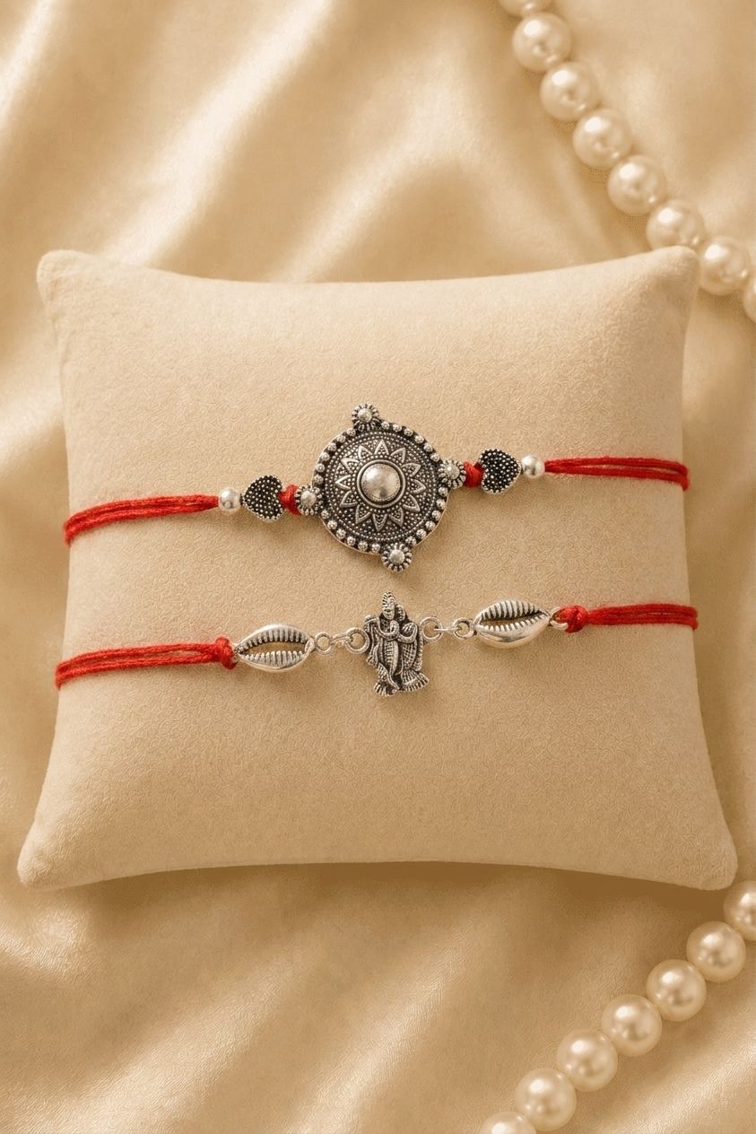 Oxidised Silver Krishna Feather Rakhi Set for Brother & Bhabhi 2026
