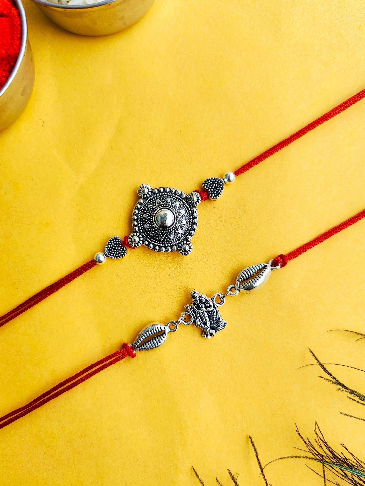 Oxidised Silver Krishna Feather Rakhi Set for Brother & Bhabhi 2026