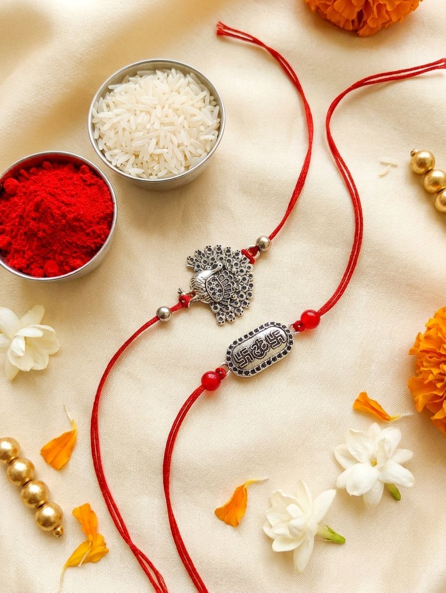 Oxidised Silver Peacock Om Rakhi 2026 for Brother & Bhabhi Set