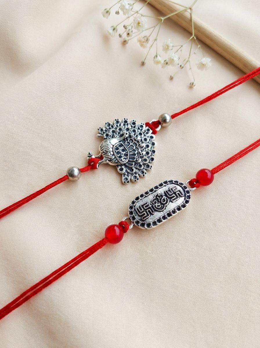 Oxidised Silver Peacock Om Rakhi 2026 for Brother & Bhabhi Set