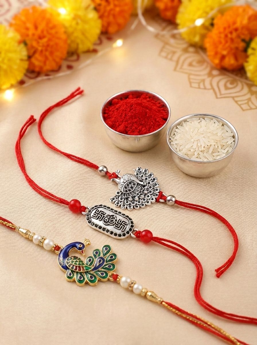 Oxidised Silver Peacock Om Rakhi 2026 for Brother & Bhabhi Set