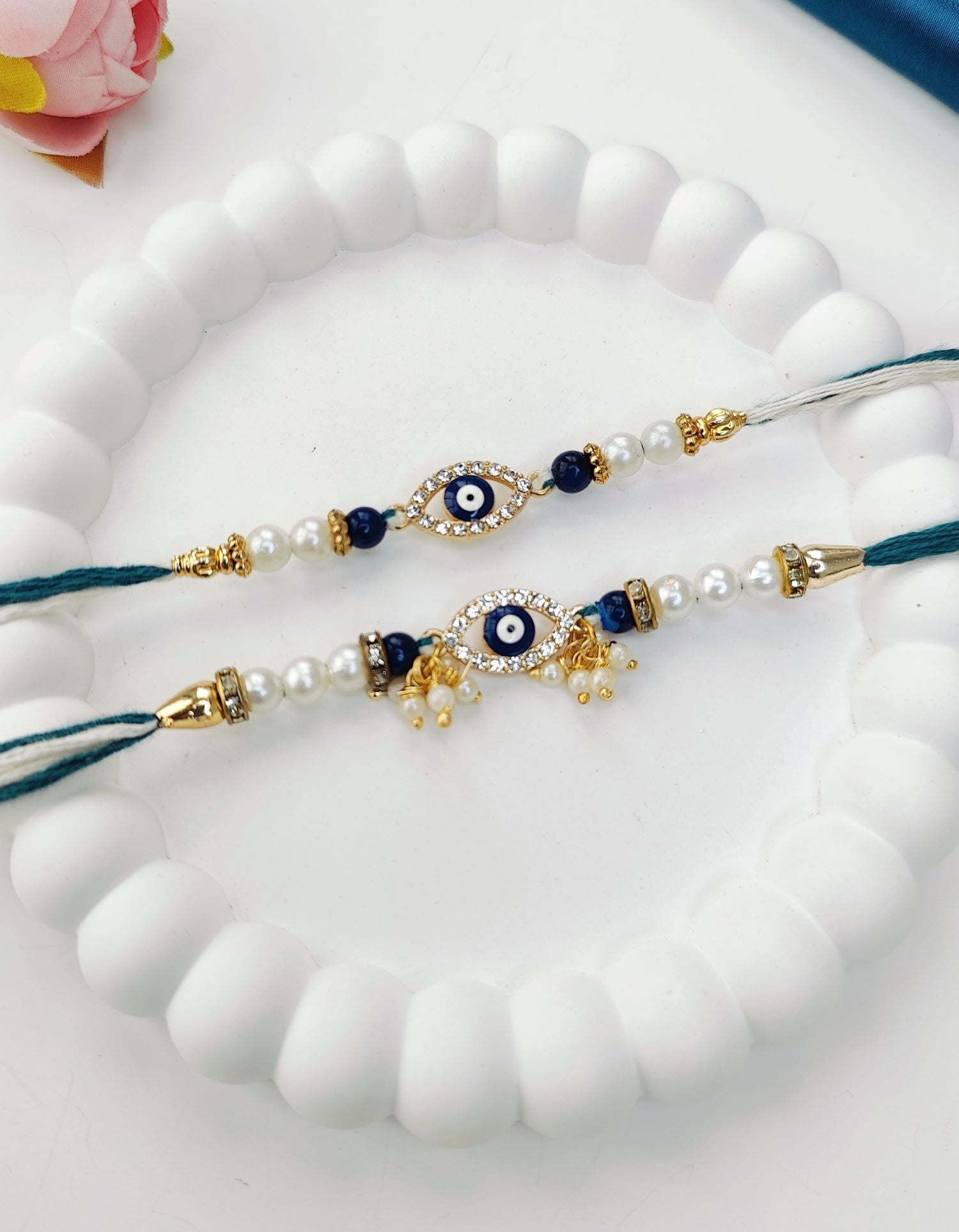 blue evil eye handmade rakhi set, couple rakhi for bhaiya bhabhi