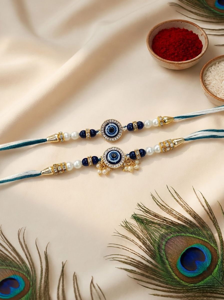 blue handmade evil eye rakhi combo set for bhaiya bhabhi 2026