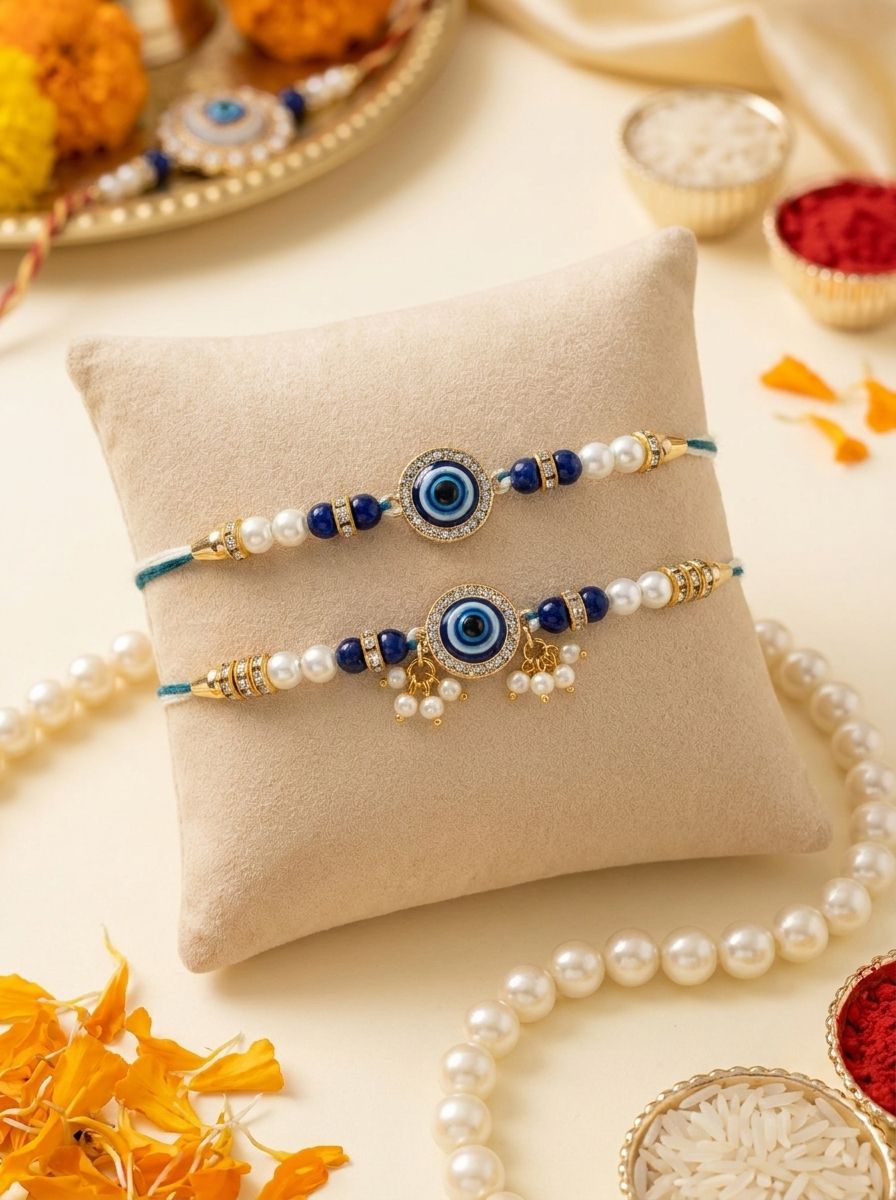 blue handmade evil eye rakhi combo set for bhaiya bhabhi 2026