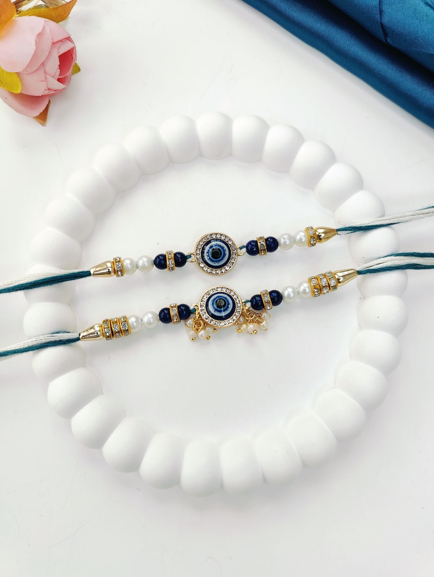 blue handmade evil eye rakhi combo set for bhaiya bhabhi 2026