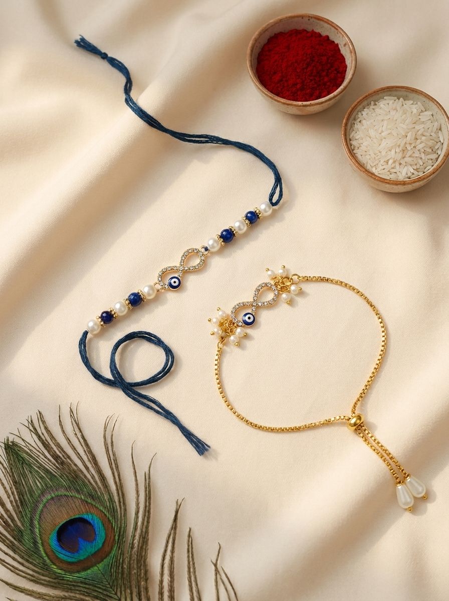 blue evil eye rakhi for bhaiya bhabhi, handmade bracelet beads