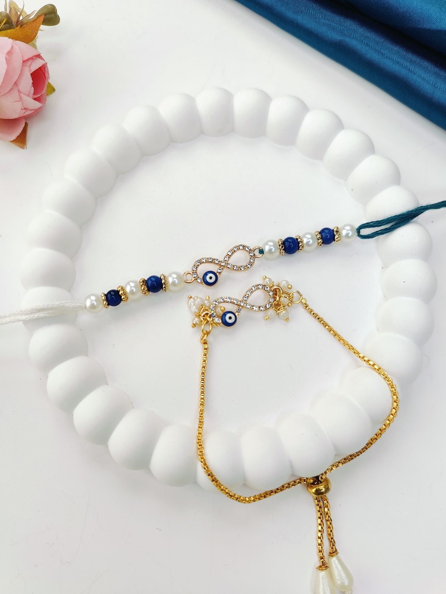 blue evil eye rakhi for bhaiya bhabhi, handmade bracelet beads