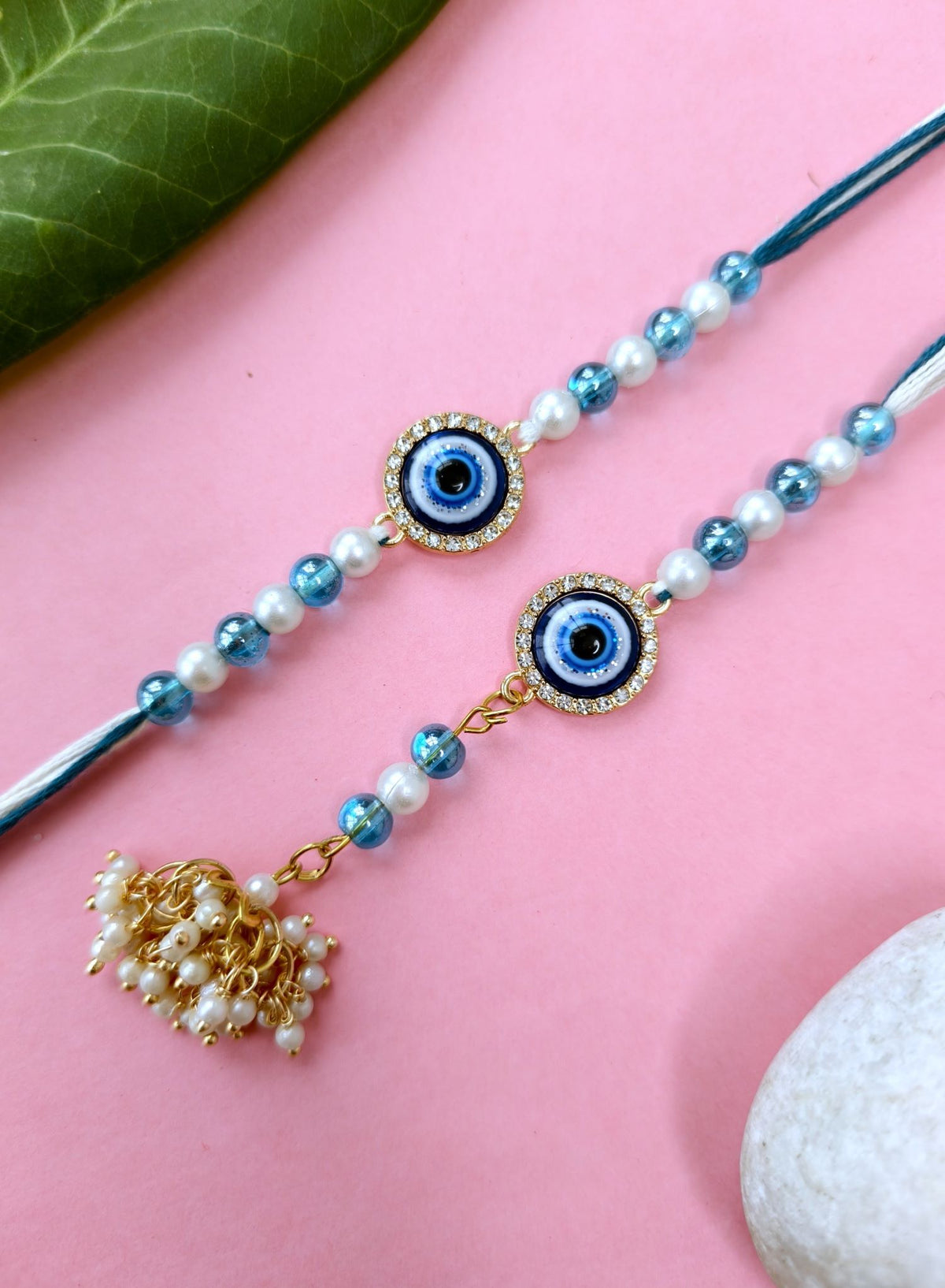 blue evil eye couple rakhi combo set, handmade rakhi for bhaiya bhabhi