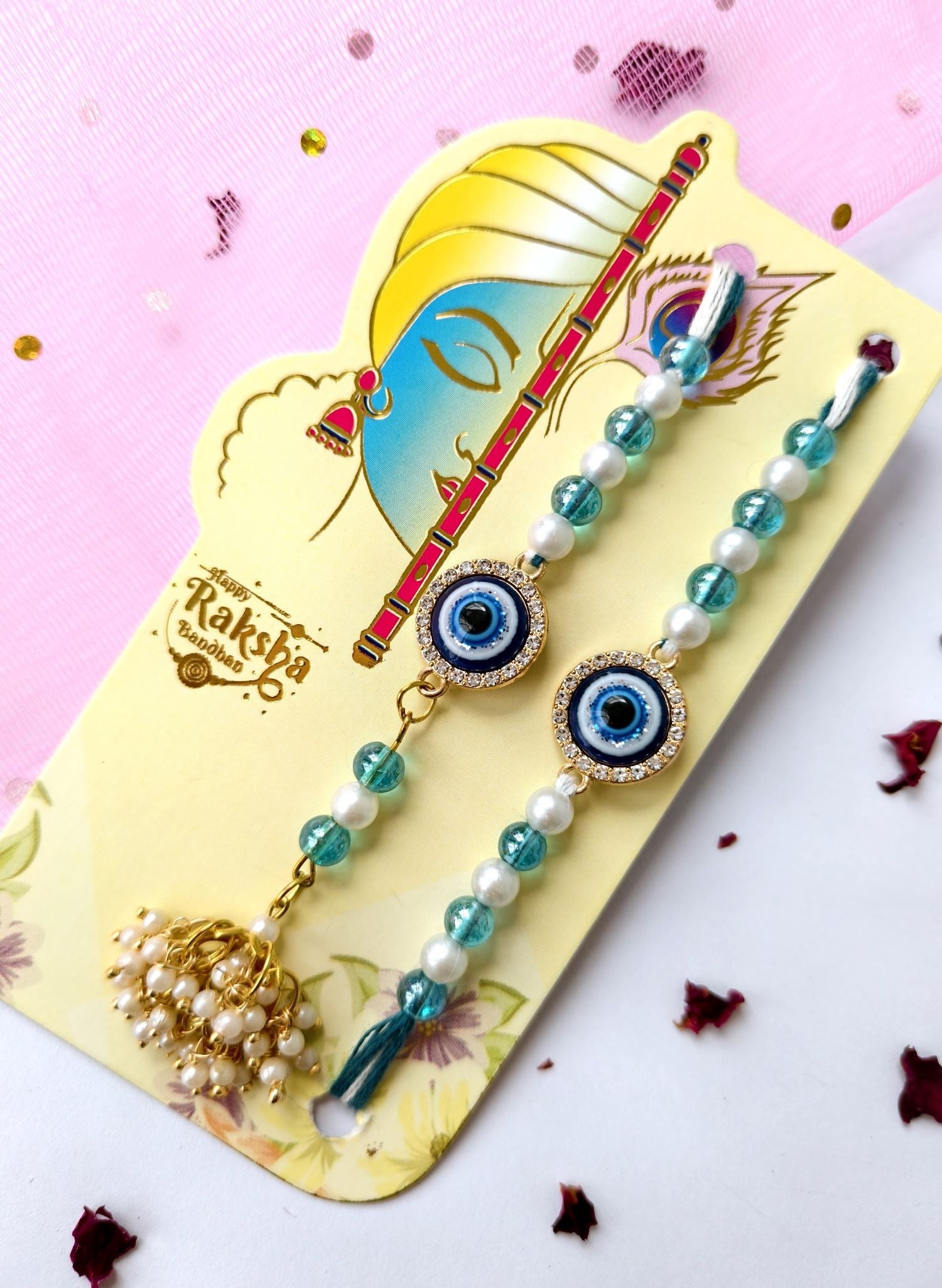 blue evil eye couple rakhi combo set, handmade rakhi for bhaiya bhabhi