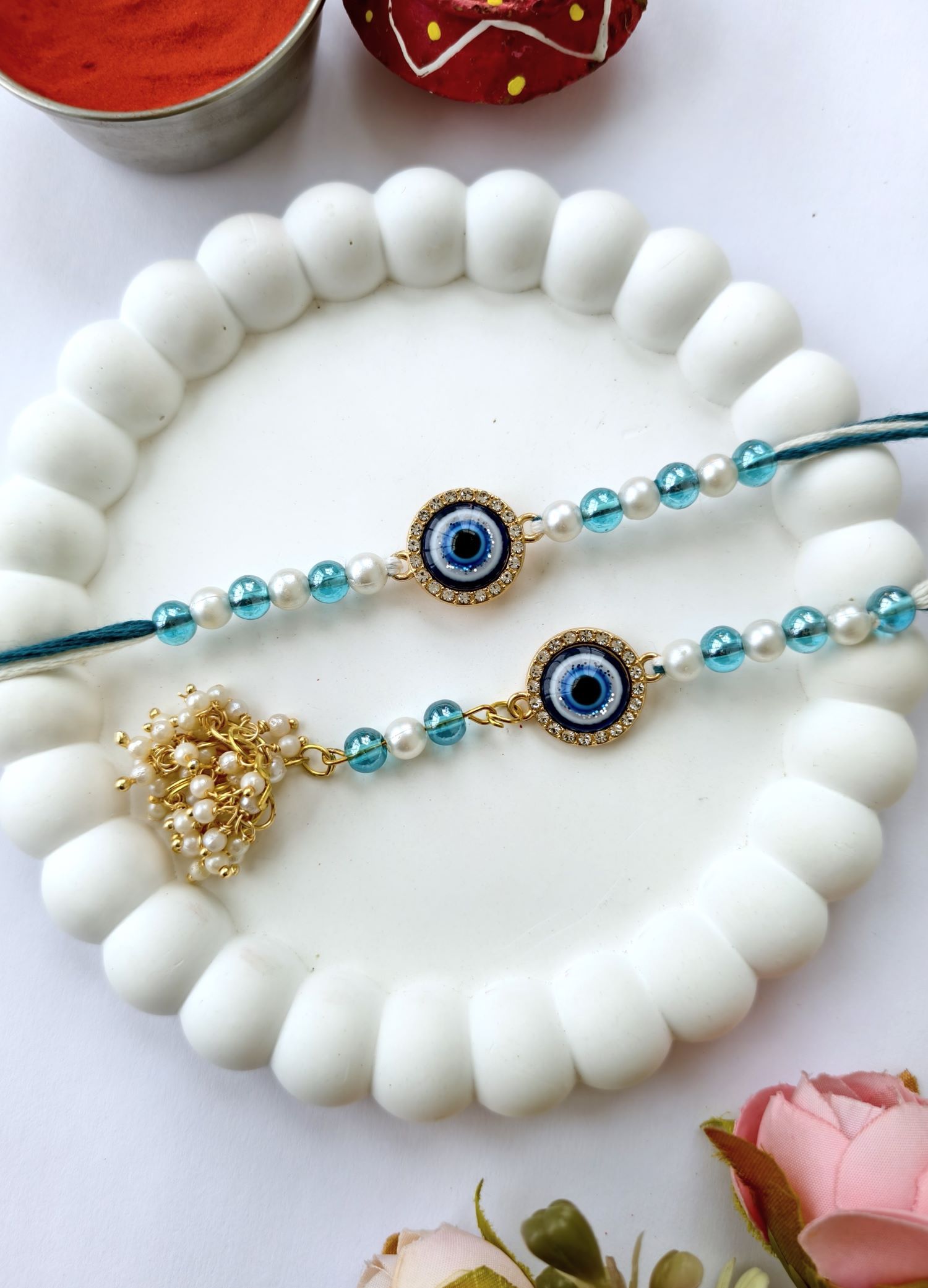 blue evil eye couple rakhi combo set, handmade rakhi for bhaiya bhabhi