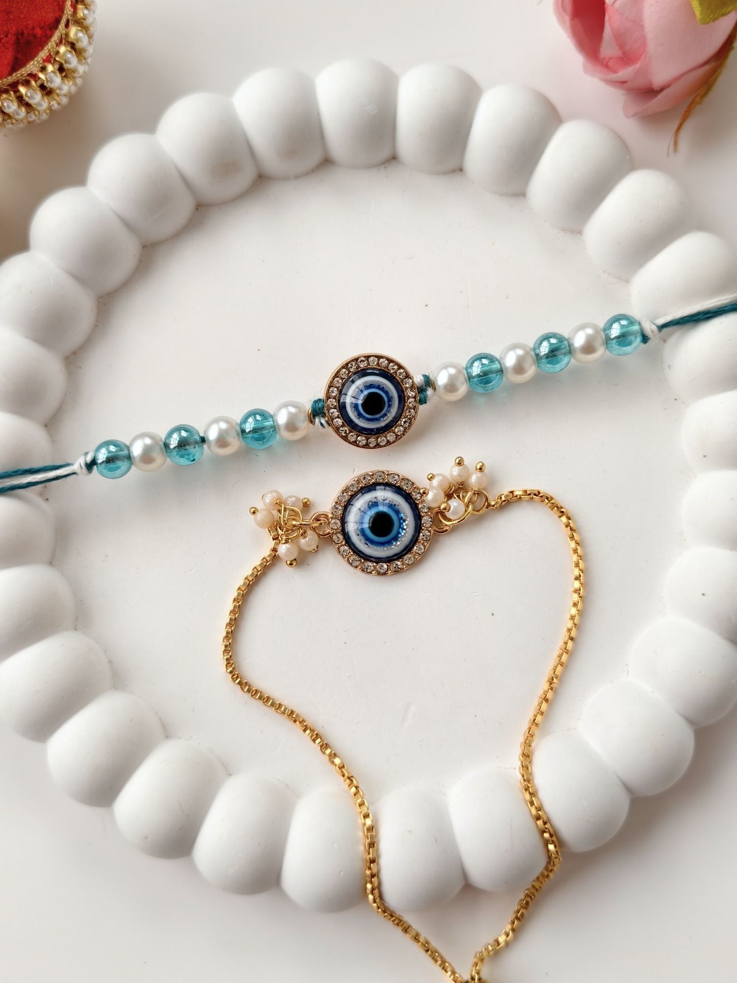Evil Eye designer couple rakhi bracelet set, affordable Rakhi 2026