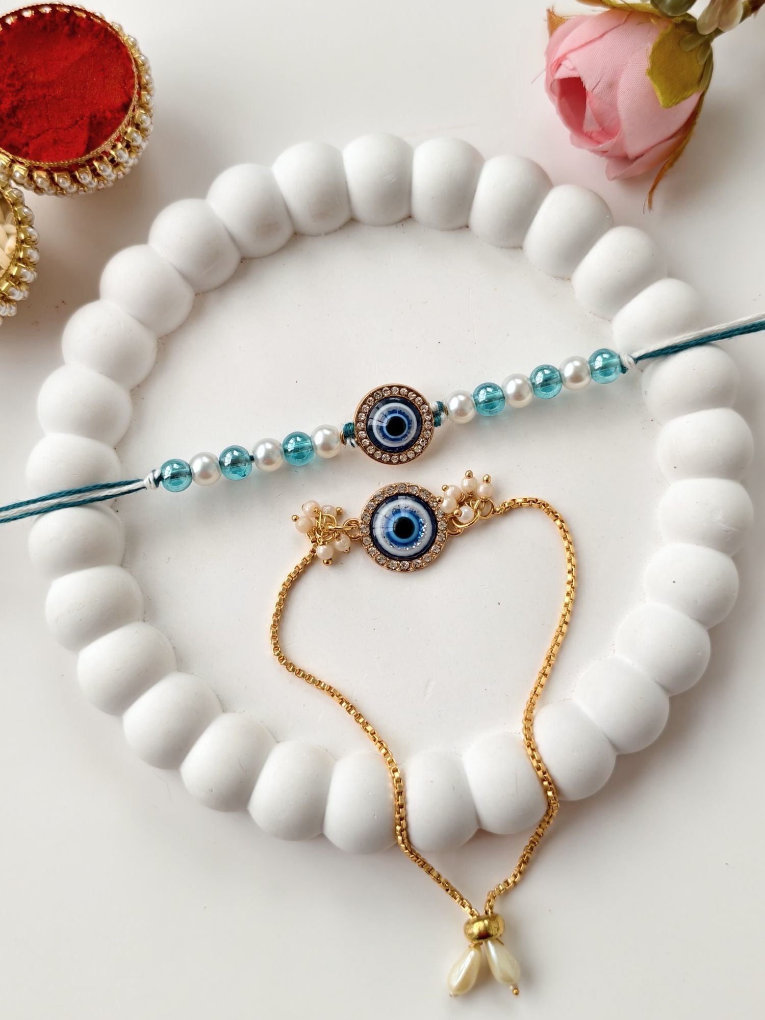 Evil Eye designer couple rakhi bracelet set, affordable Rakhi 2026