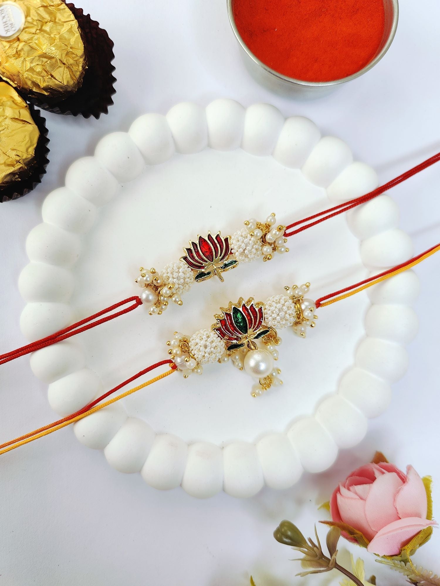 handmade lotus couple rakhi for bhaiya bhabhi with pearl bead design