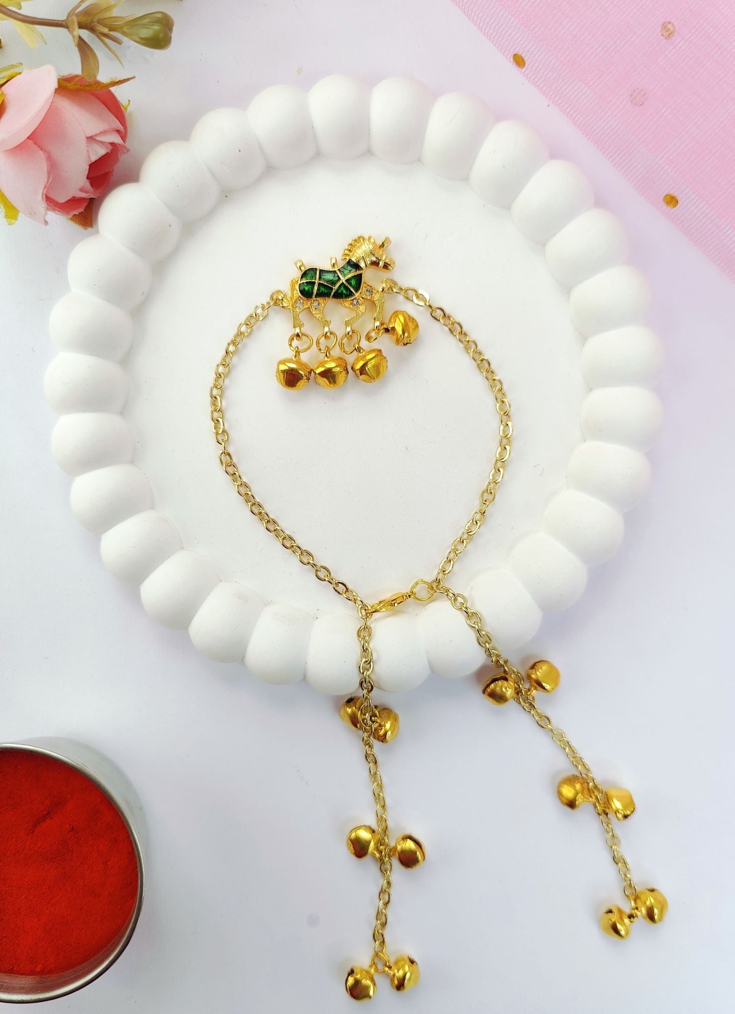 green couple rakhi set with horse, kundan and handmade Kashmiri rakhi