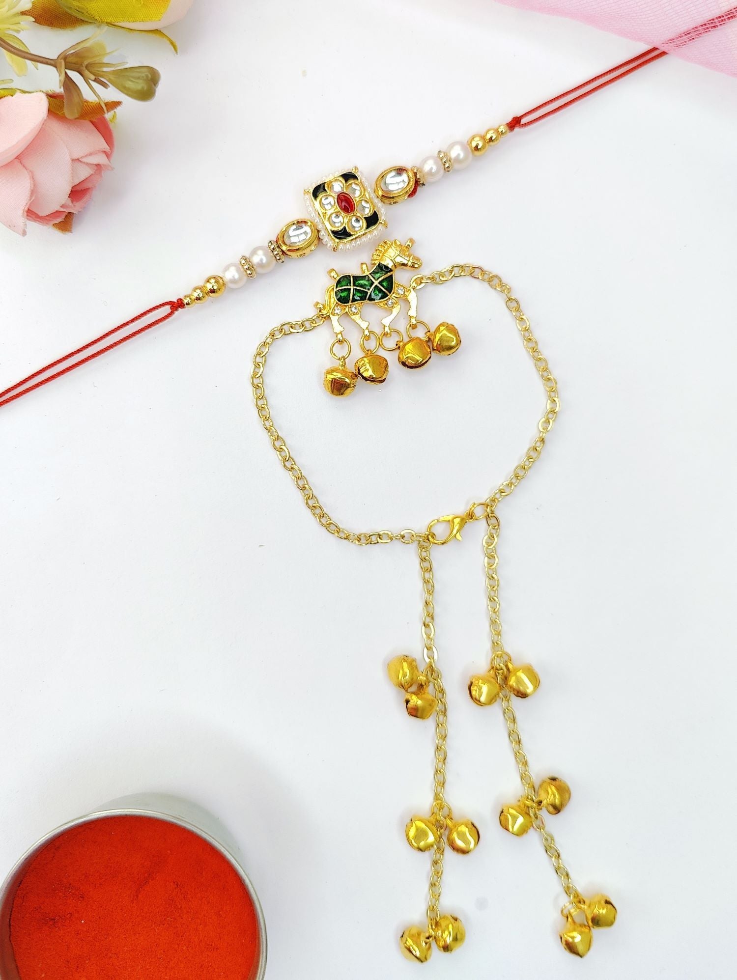 green couple rakhi set with horse, kundan and handmade Kashmiri rakhi