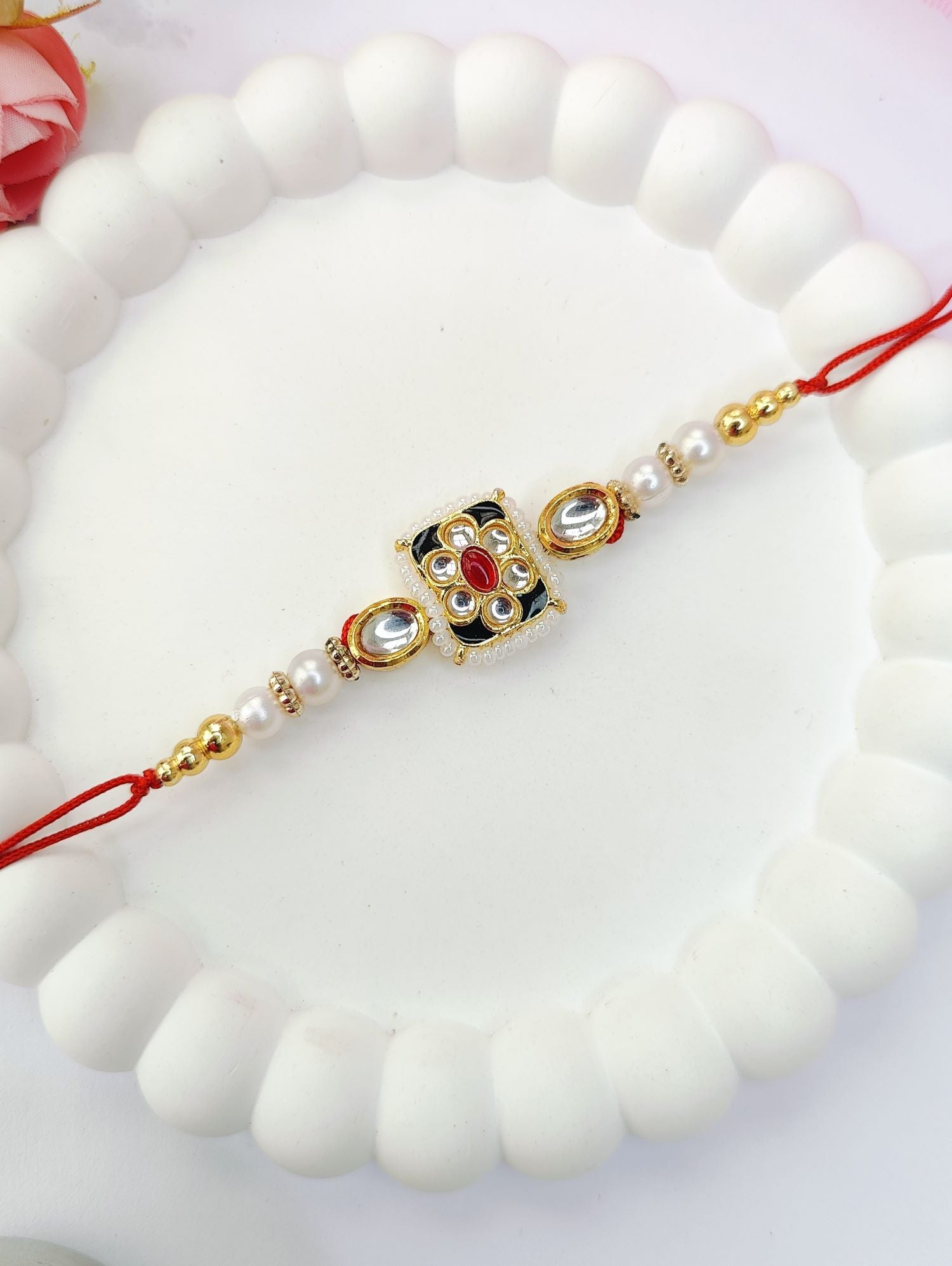green couple rakhi set with horse, kundan and handmade Kashmiri rakhi