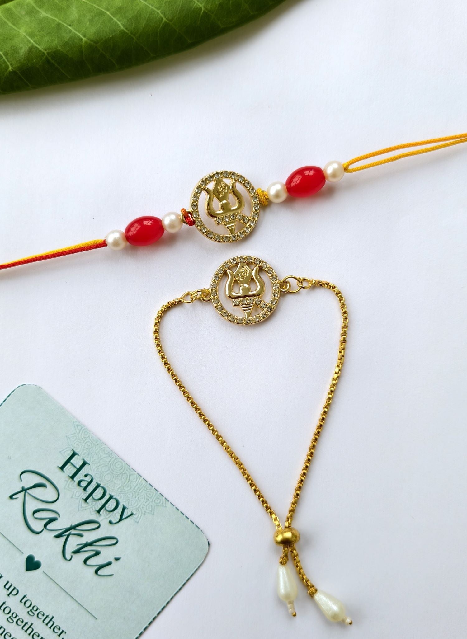 handmade Trishul rakhi for bhaiya bhabhi, premium pearl bead couple set 2026