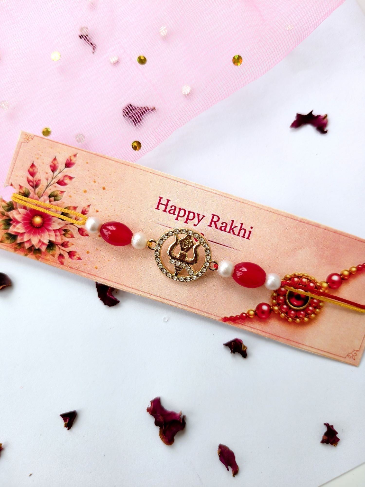 handmade Trishul rakhi for bhaiya bhabhi, premium pearl bead couple set 2026