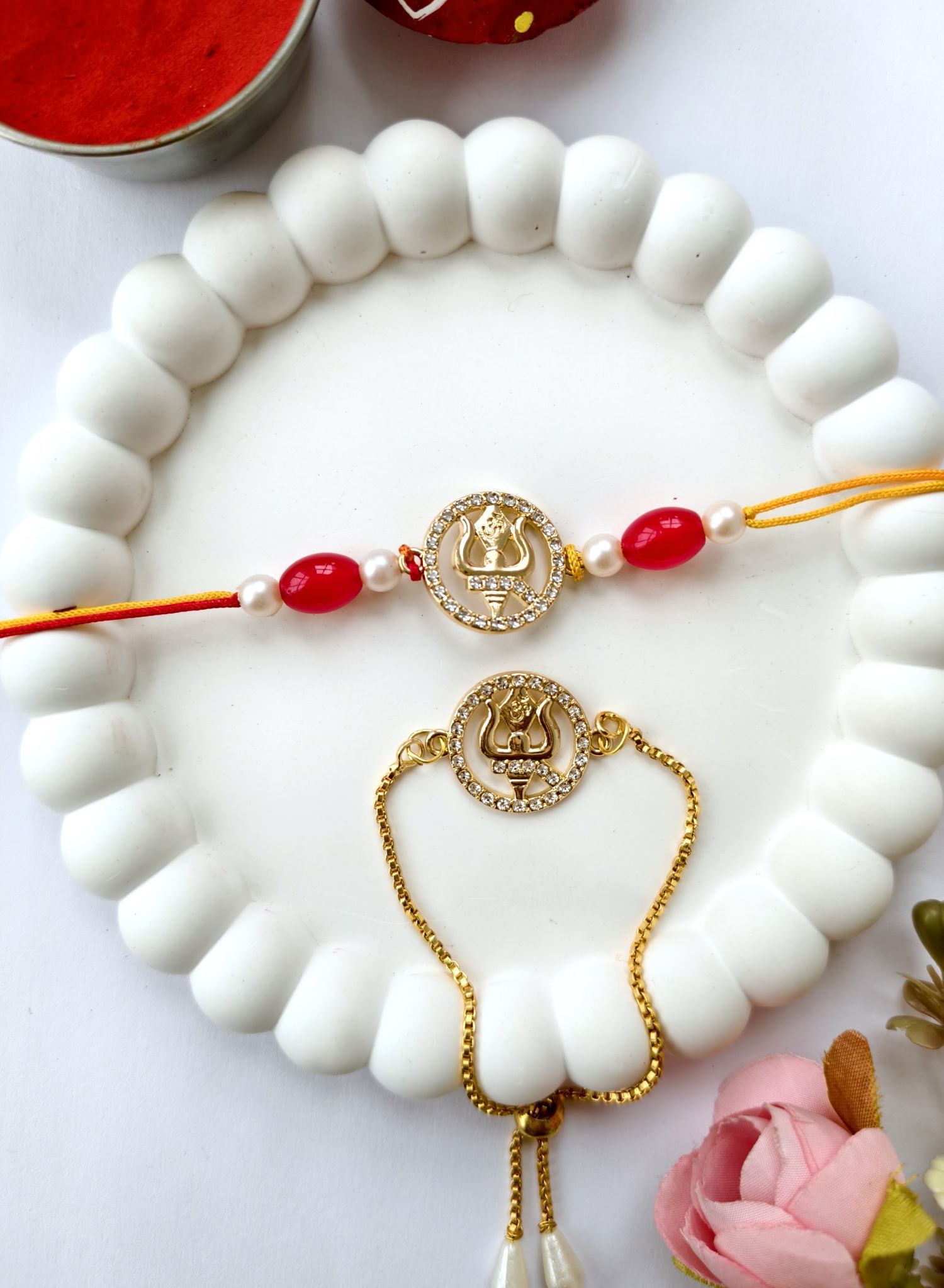 handmade Trishul rakhi for bhaiya bhabhi, premium pearl bead couple set 2026