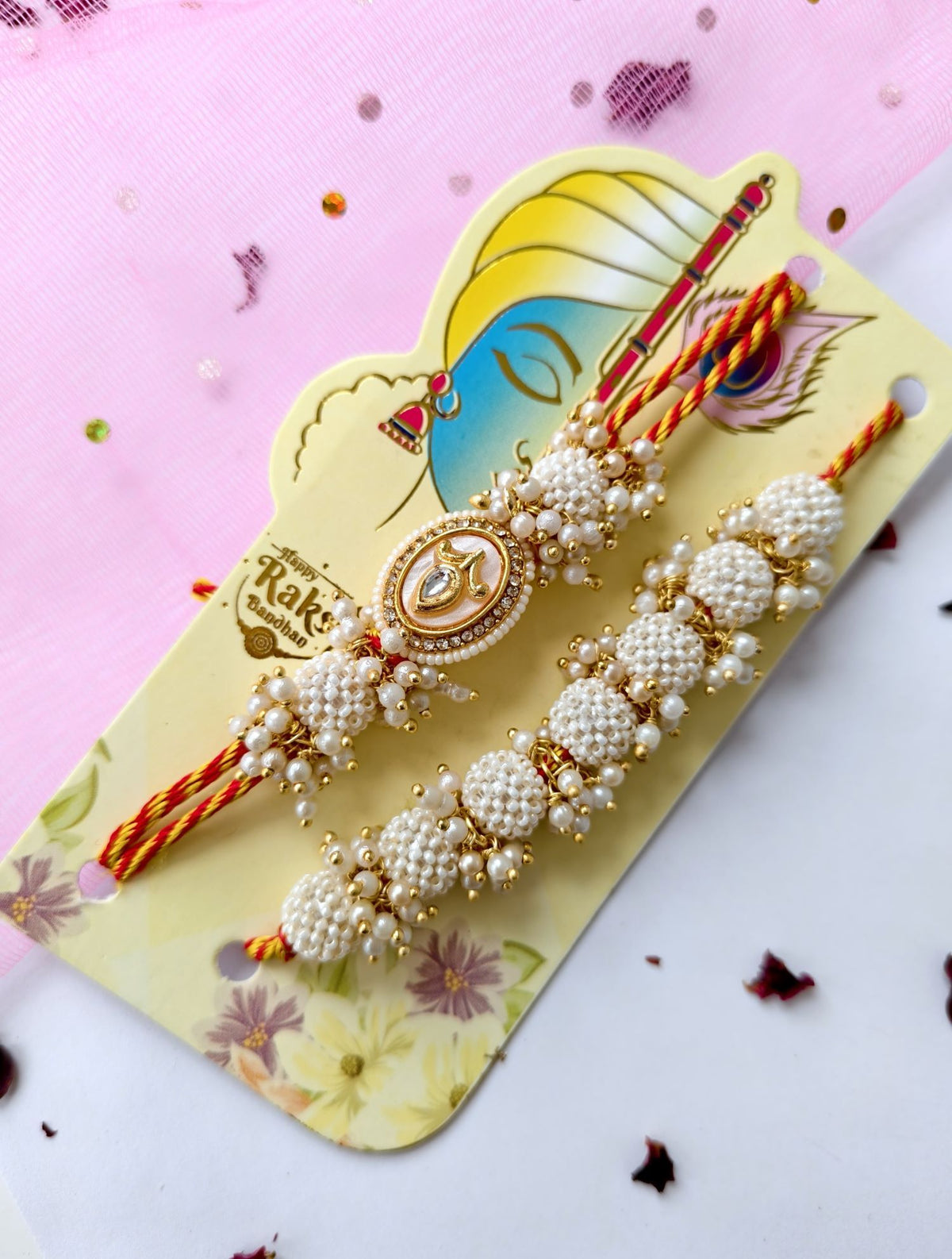 white pearl bead handmade rakhi for bhaiya bhabhi with kundan