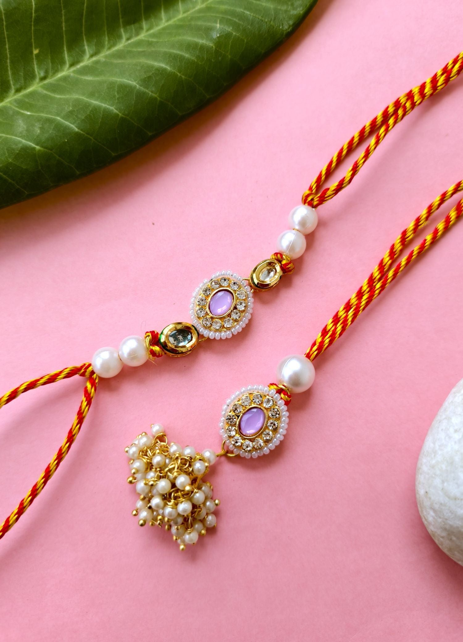 lavender kundan rakhi bhaiya bhabhi set, handmade couple rakhi