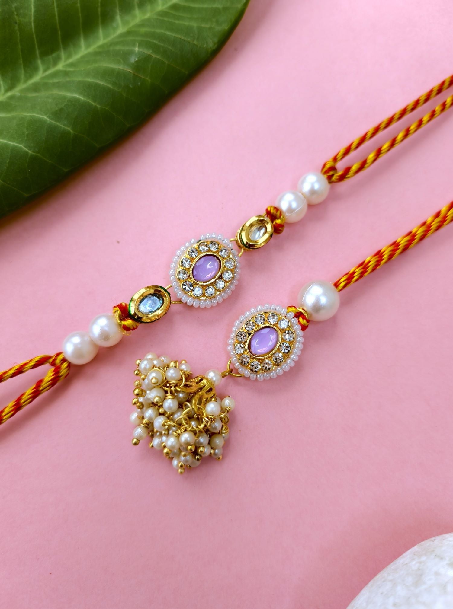 lavender kundan rakhi bhaiya bhabhi set, handmade couple rakhi