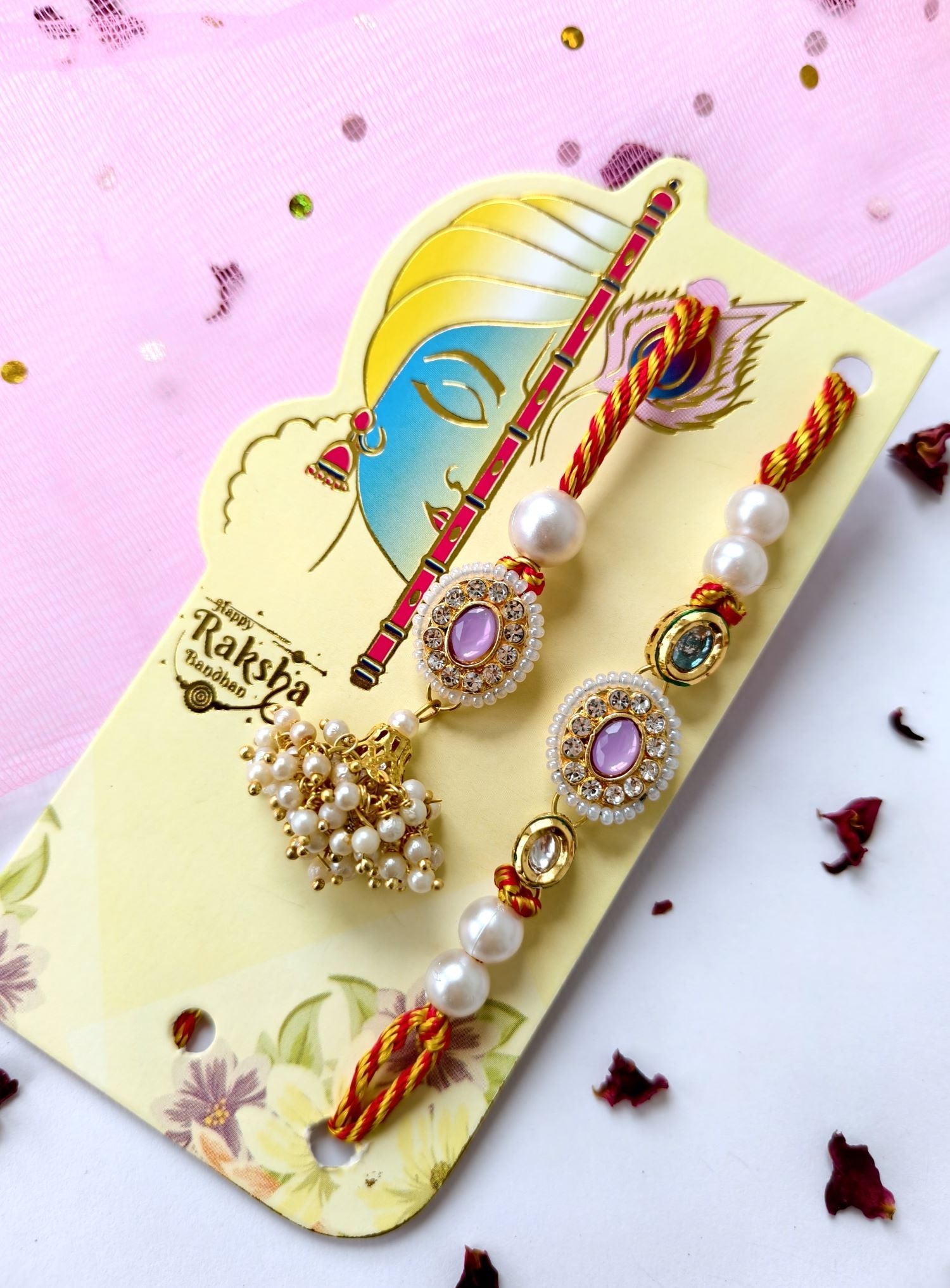 lavender kundan rakhi bhaiya bhabhi set, handmade couple rakhi