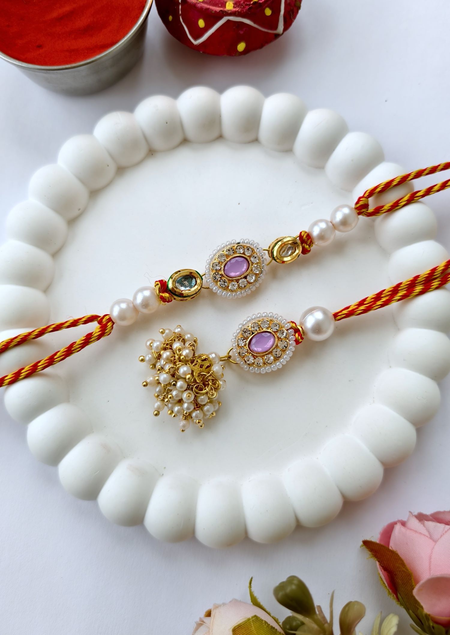 lavender kundan rakhi bhaiya bhabhi set, handmade couple rakhi