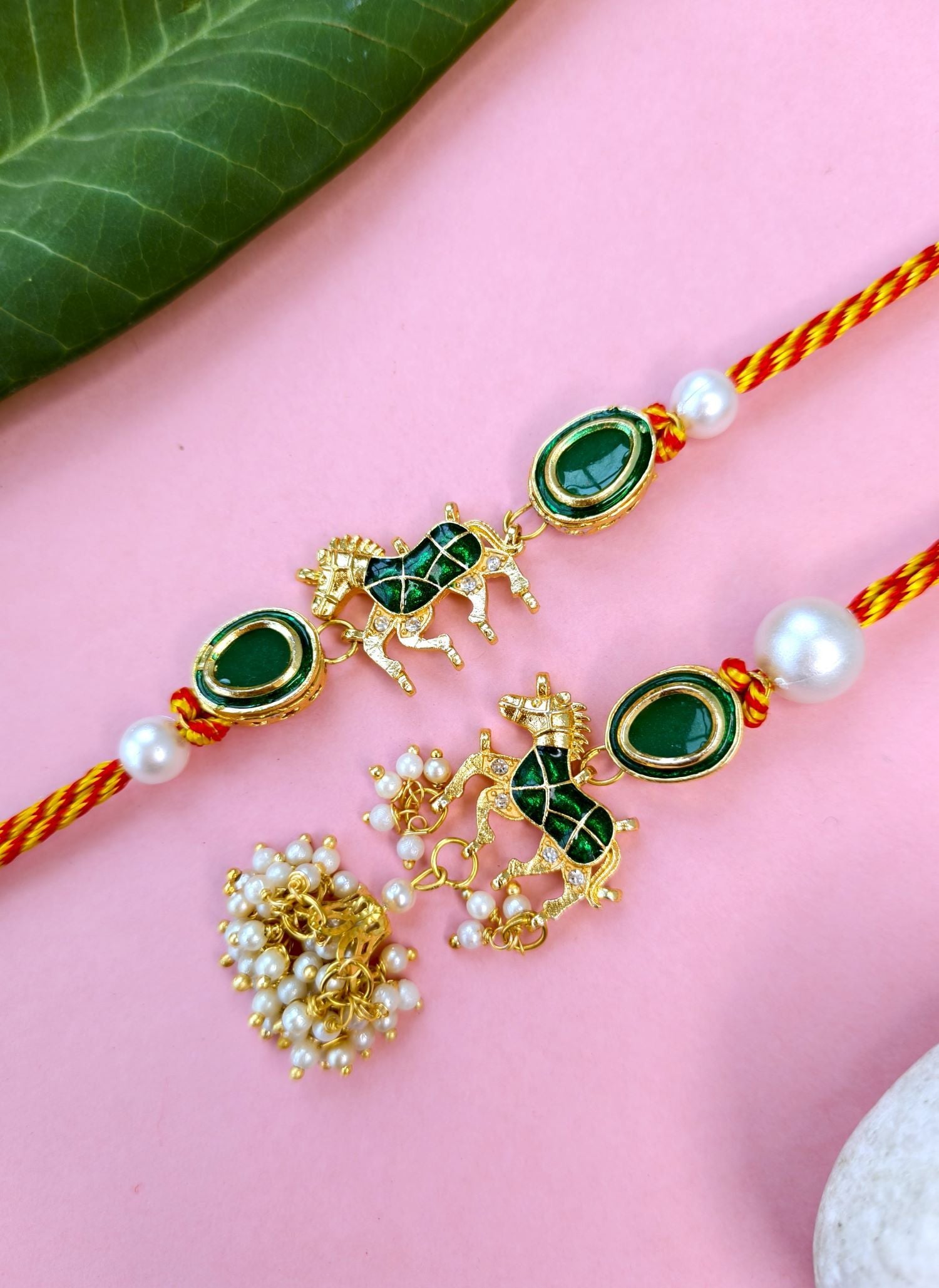 green kundan lumba rakhi for bhabhi with pearl tassel, couple rakhi 2026