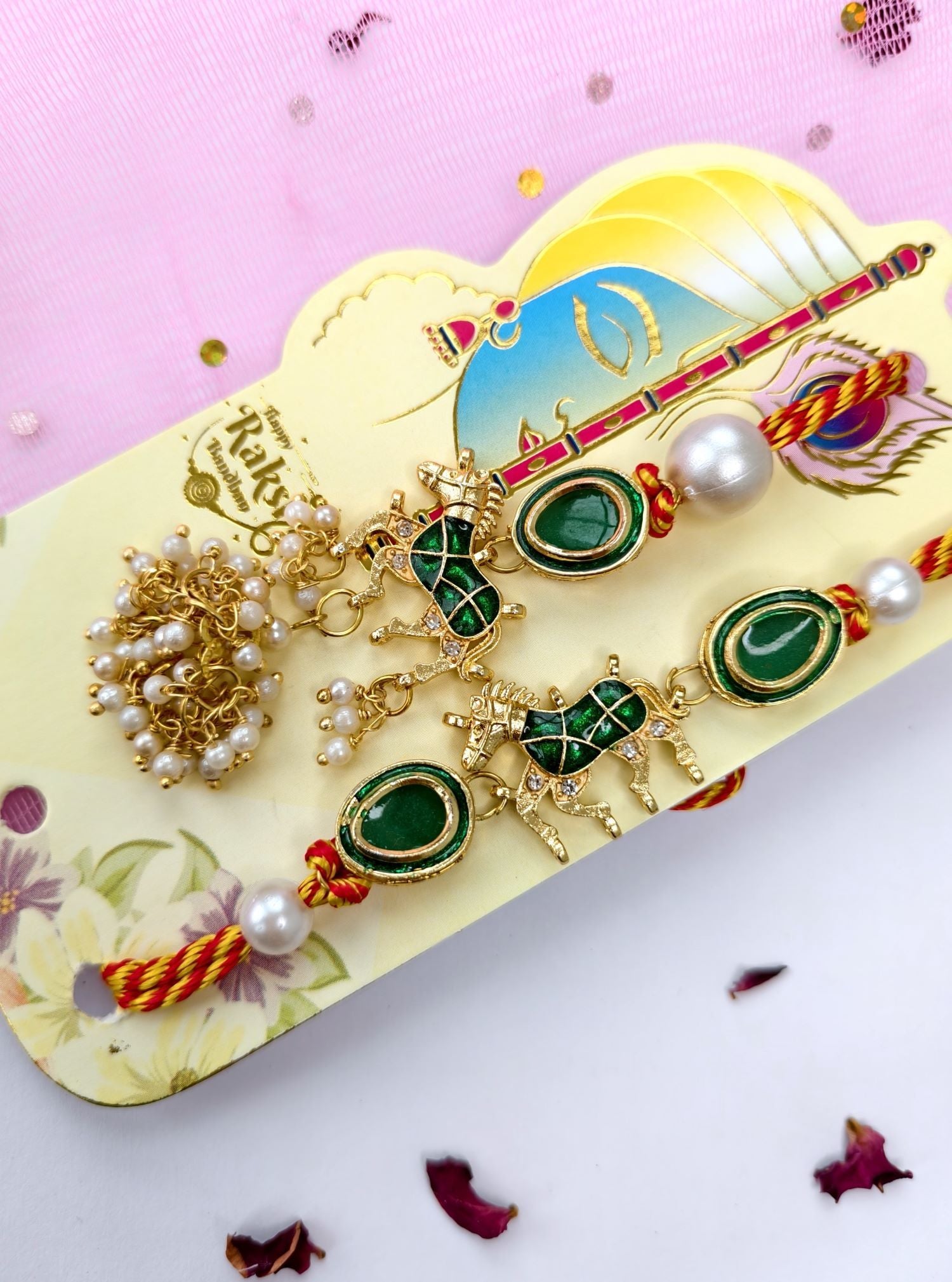 green kundan lumba rakhi for bhabhi with pearl tassel, couple rakhi 2026