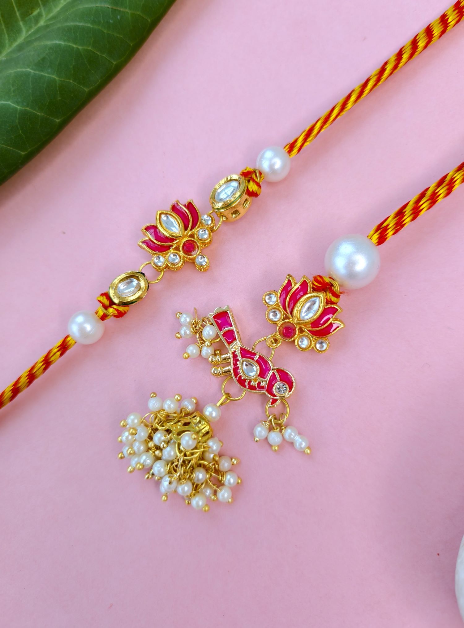 pink lotus couple rakhi set with kundan, handmade rakhi for bhabhi