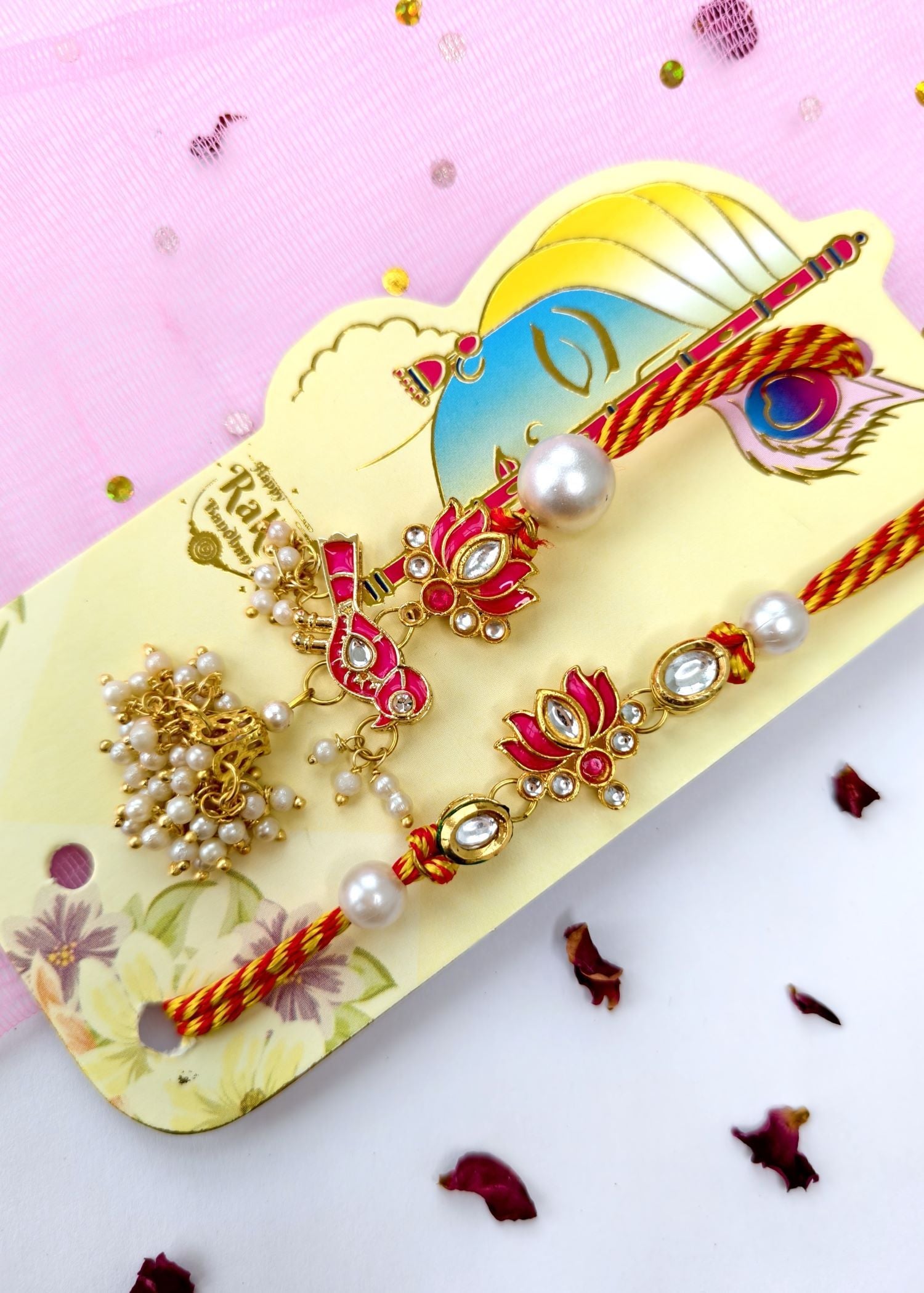 pink lotus couple rakhi set with kundan, handmade rakhi for bhabhi