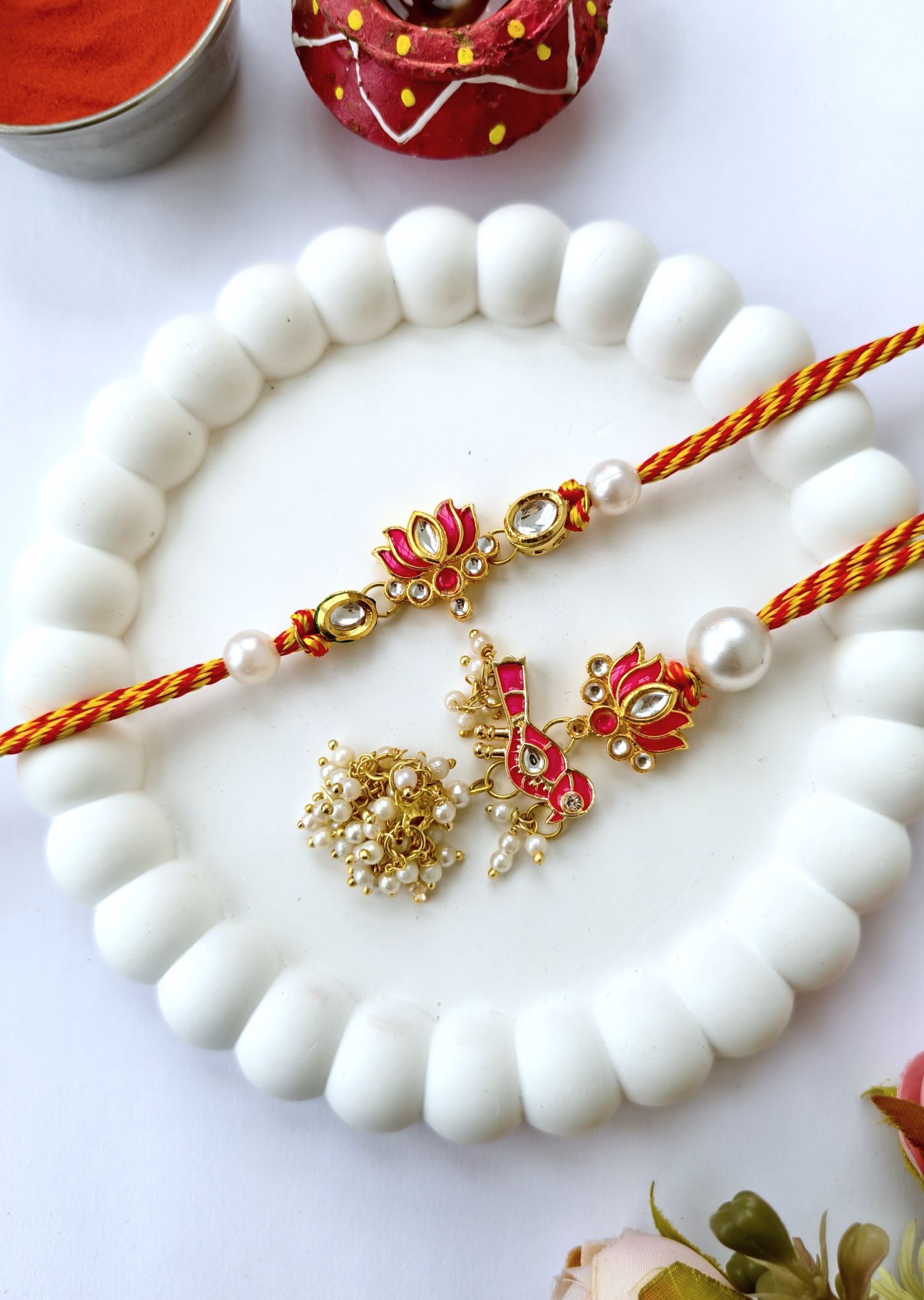 pink lotus couple rakhi set with kundan, handmade rakhi for bhabhi