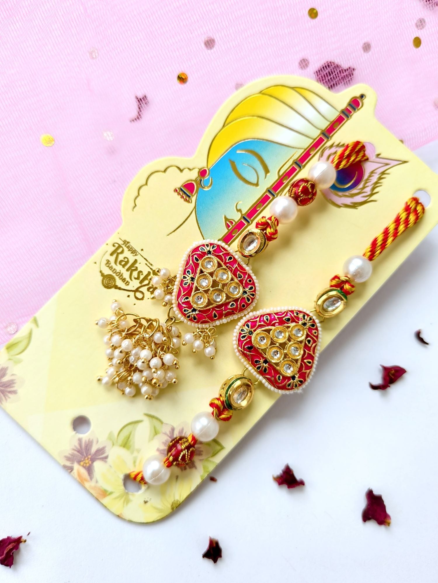 pink collection kundan lumba rakhi set for bhaiya bhabhi 2026