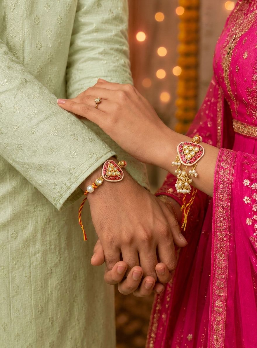 pink collection kundan lumba rakhi set for bhaiya bhabhi 2026
