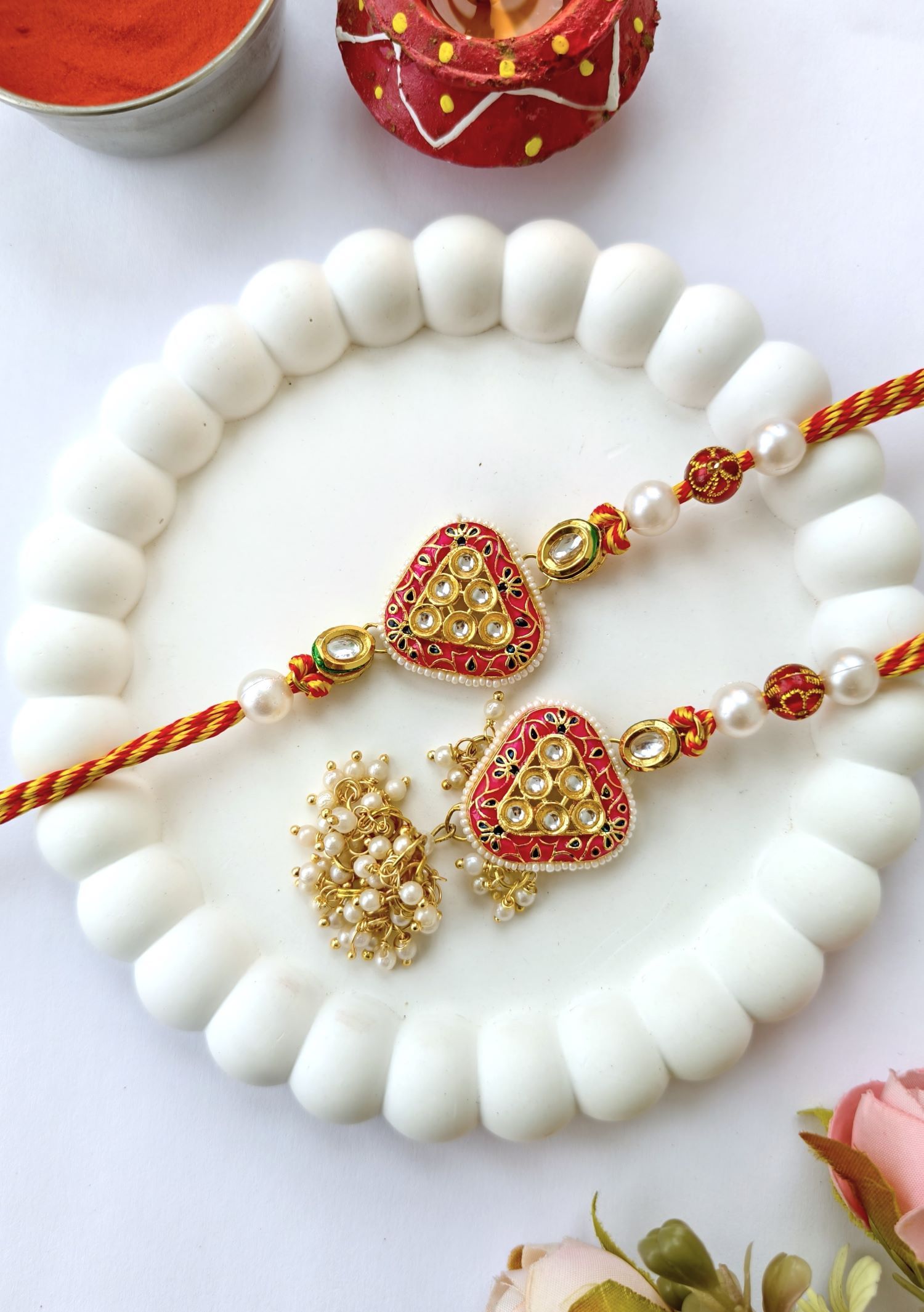 pink collection kundan lumba rakhi set for bhaiya bhabhi 2026