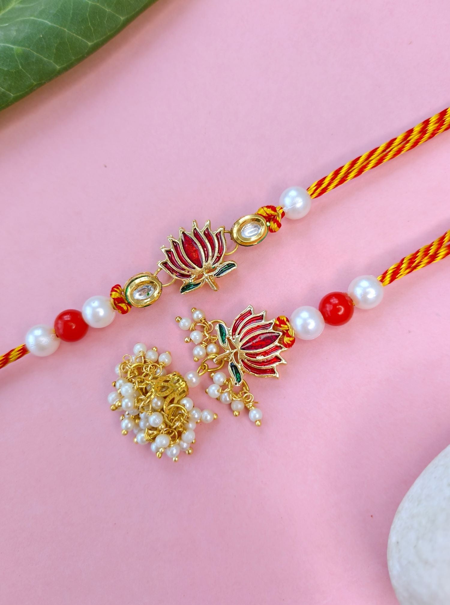 designer lotus rakhi set, red green kundan couple rakhi for bhaiya bhabhi 2026