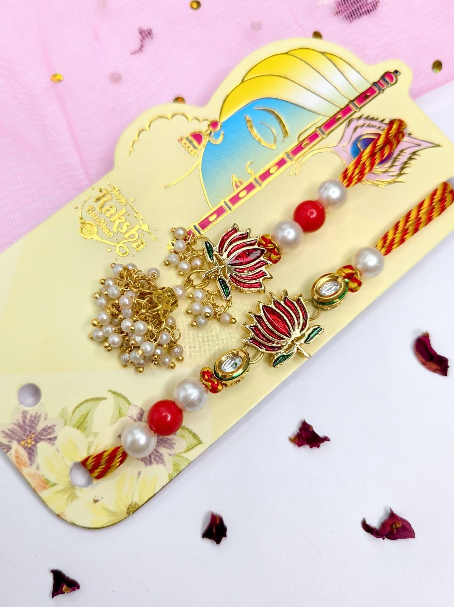designer lotus rakhi set, red green kundan couple rakhi for bhaiya bhabhi 2026