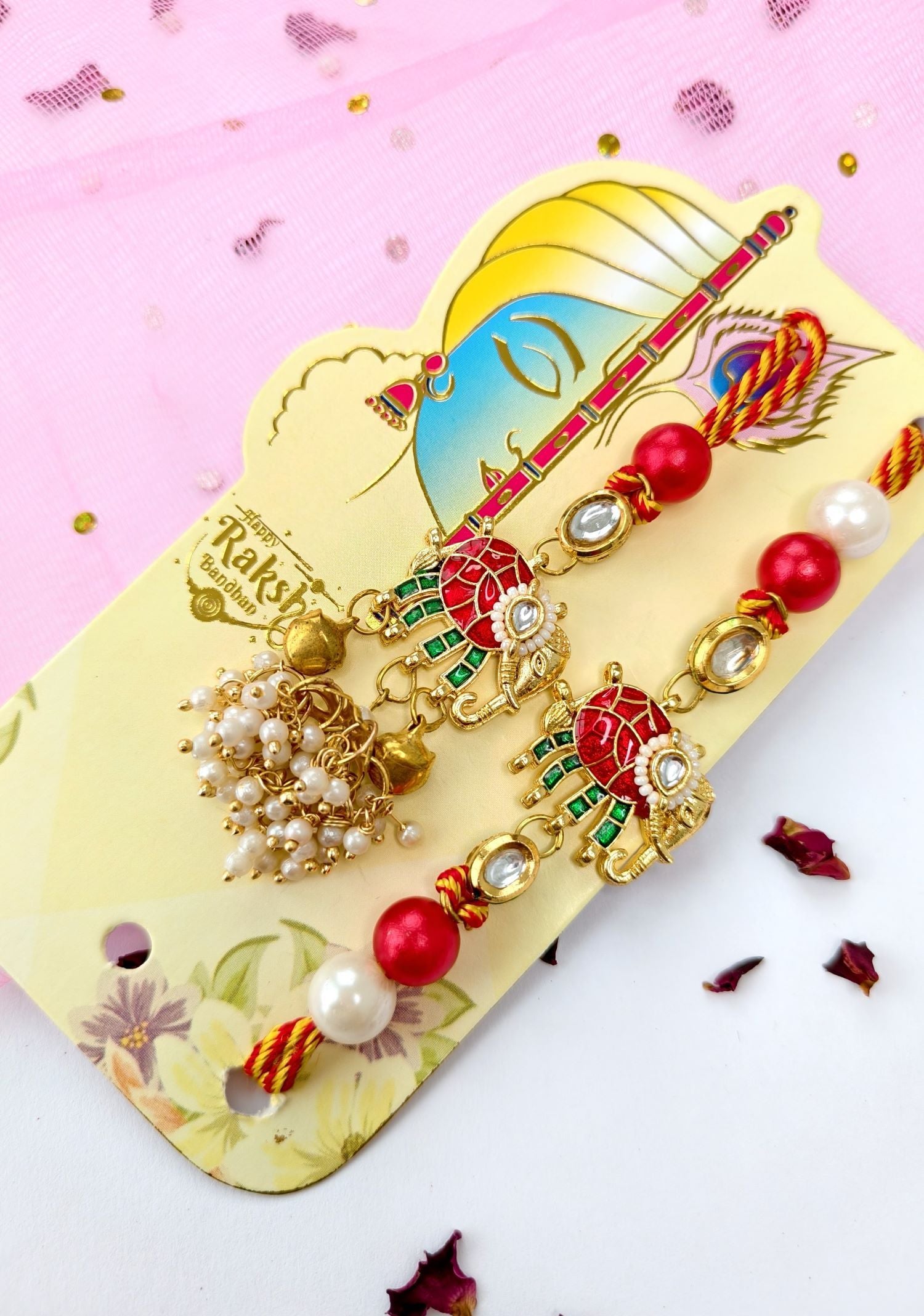 handmade elephant design bracelet rakhi, red green kundan couple set