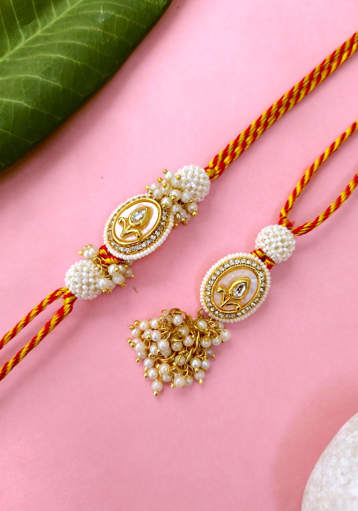 pearl kundan couple rakhi set for bhaiya bhabhi, designer rakhi 2026