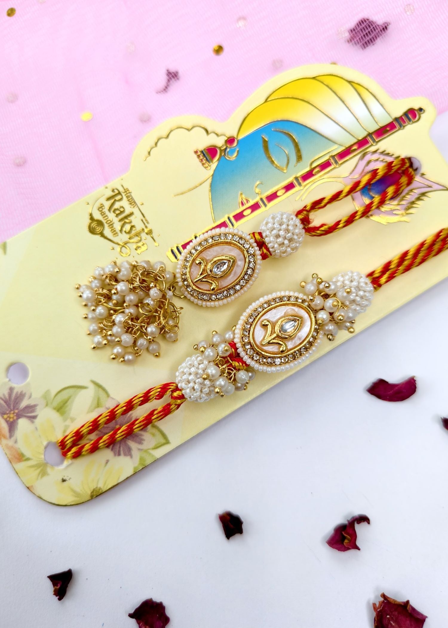 pearl kundan couple rakhi set for bhaiya bhabhi, designer rakhi 2026
