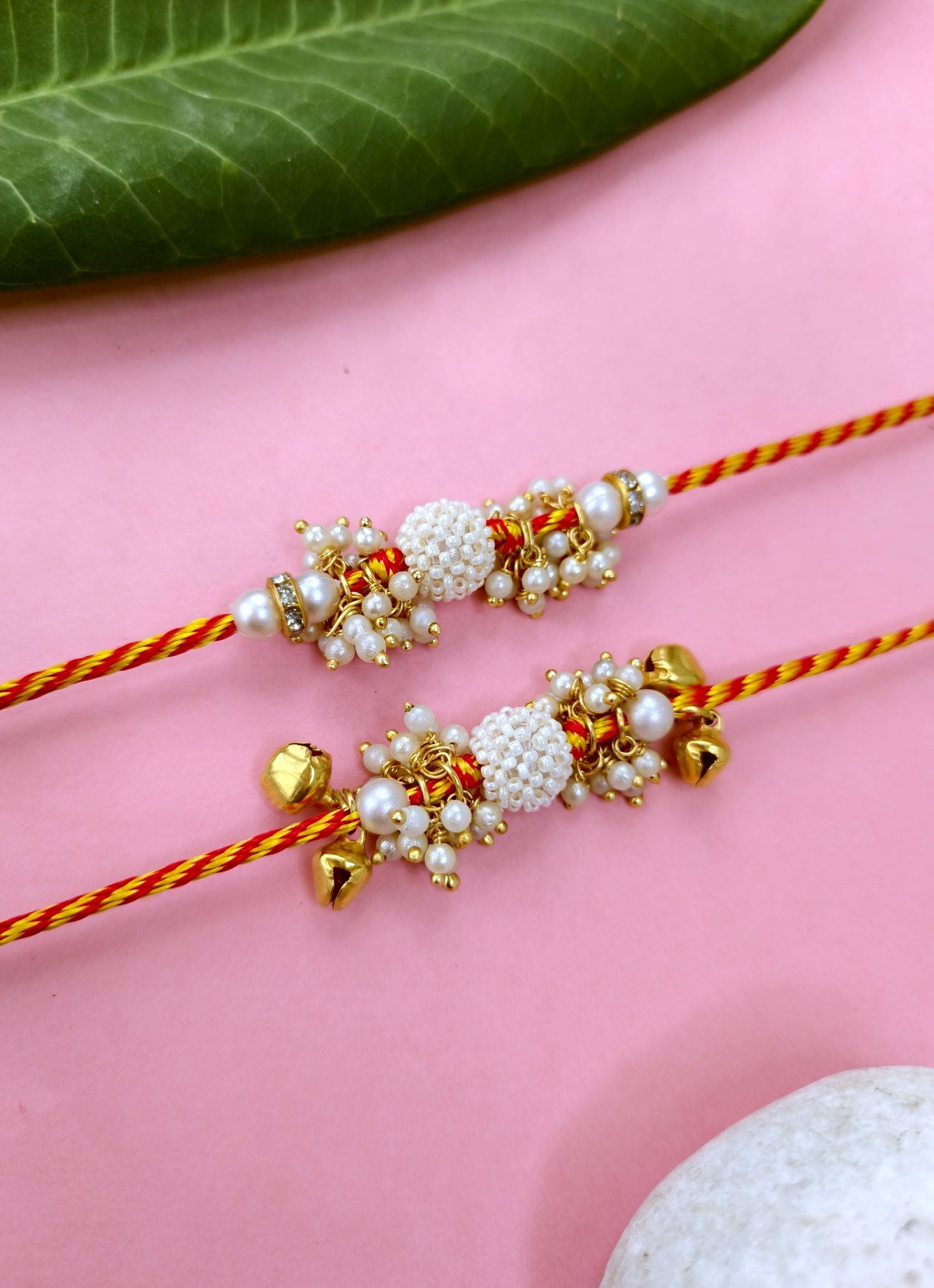 white handmade rakhi set, kundan pearl couple rakhi for bhaiya bhabhi