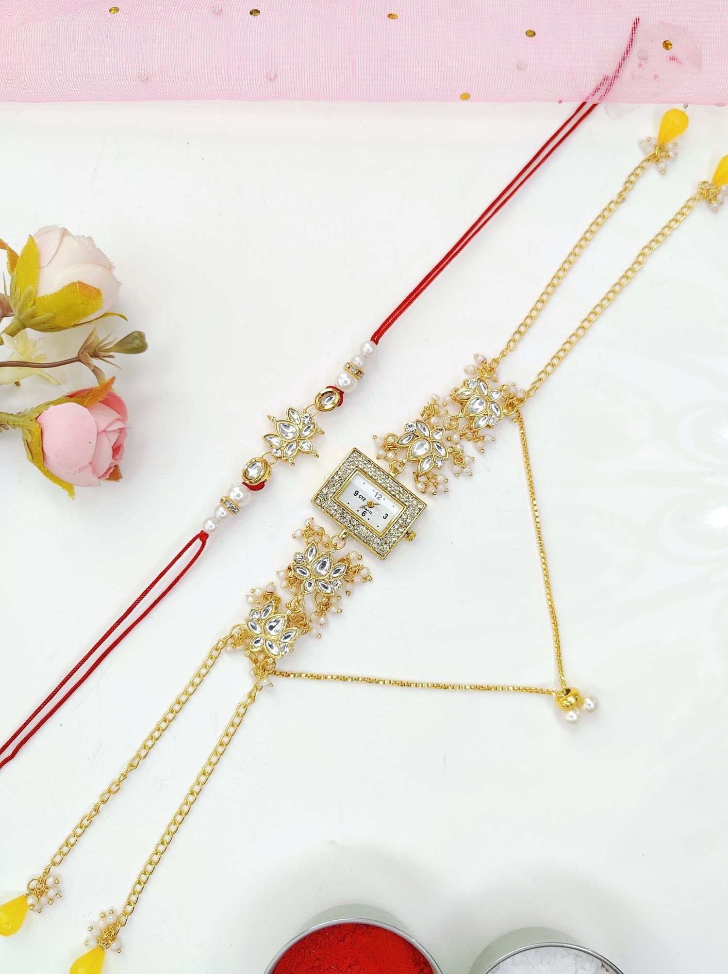 kashmiri pearl watch with yellow kundan couple rakhi for bhaiya bhabhi